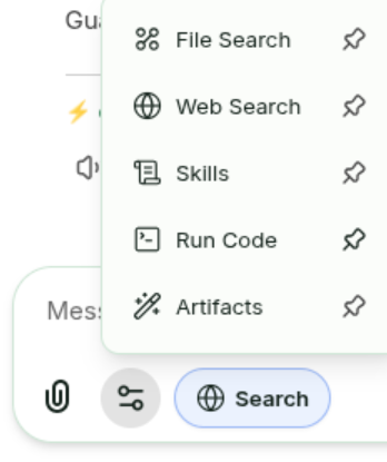 The GreenAI message box with the tools menu open, showing Web Search listed with File Search, Skills, Run Code and Artifacts, and a Search button below.